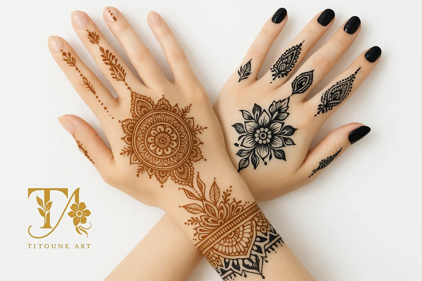 Mains avec tatouages henné et jagua avec le vrai logo Tiitoune Art