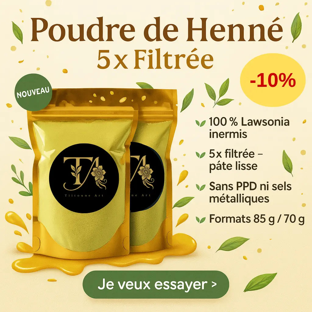 Visuel promo poudres de henné Tiitoune Art avec mention 5× filtrée et -10 %