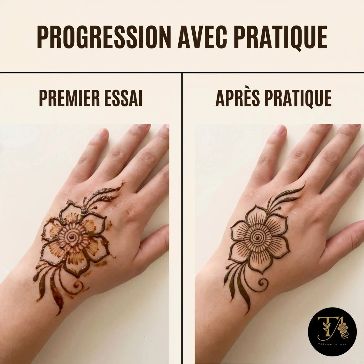 Livret Henné Débutant – Guide PDF prêt à imprimer montrant progression de la pratique du henné.