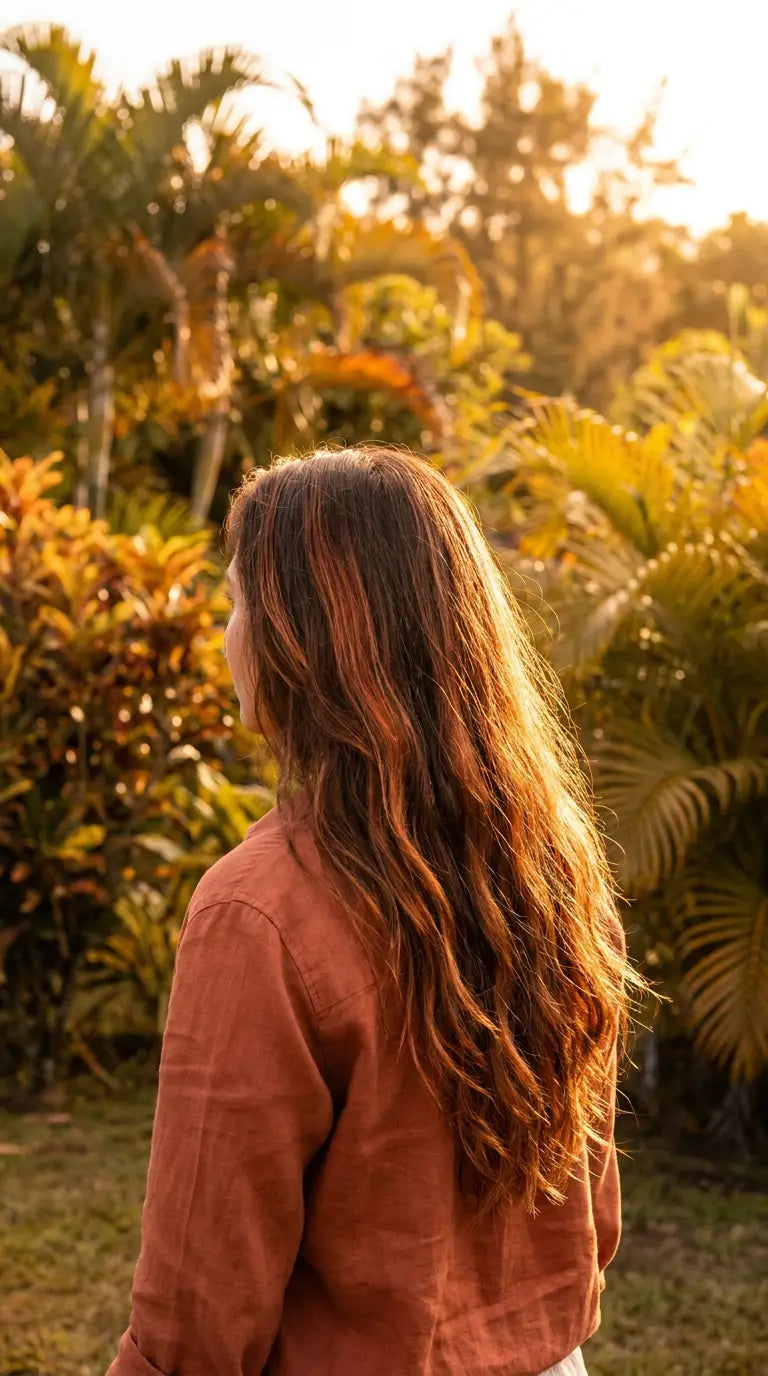 Henné sur cheveux noirs : reflets rouge-acajou au soleil sur une chevelure brune foncée à La Réunion