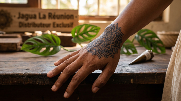 Jagua La Réunion distributeur exclusif - mandala bleu-noir naturel sur main, atelier authentique Tiitoune Art 974