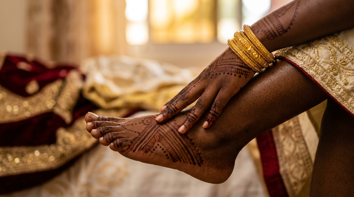 Mariée comorienne aux mains ornées de henné géométrique traditionnel