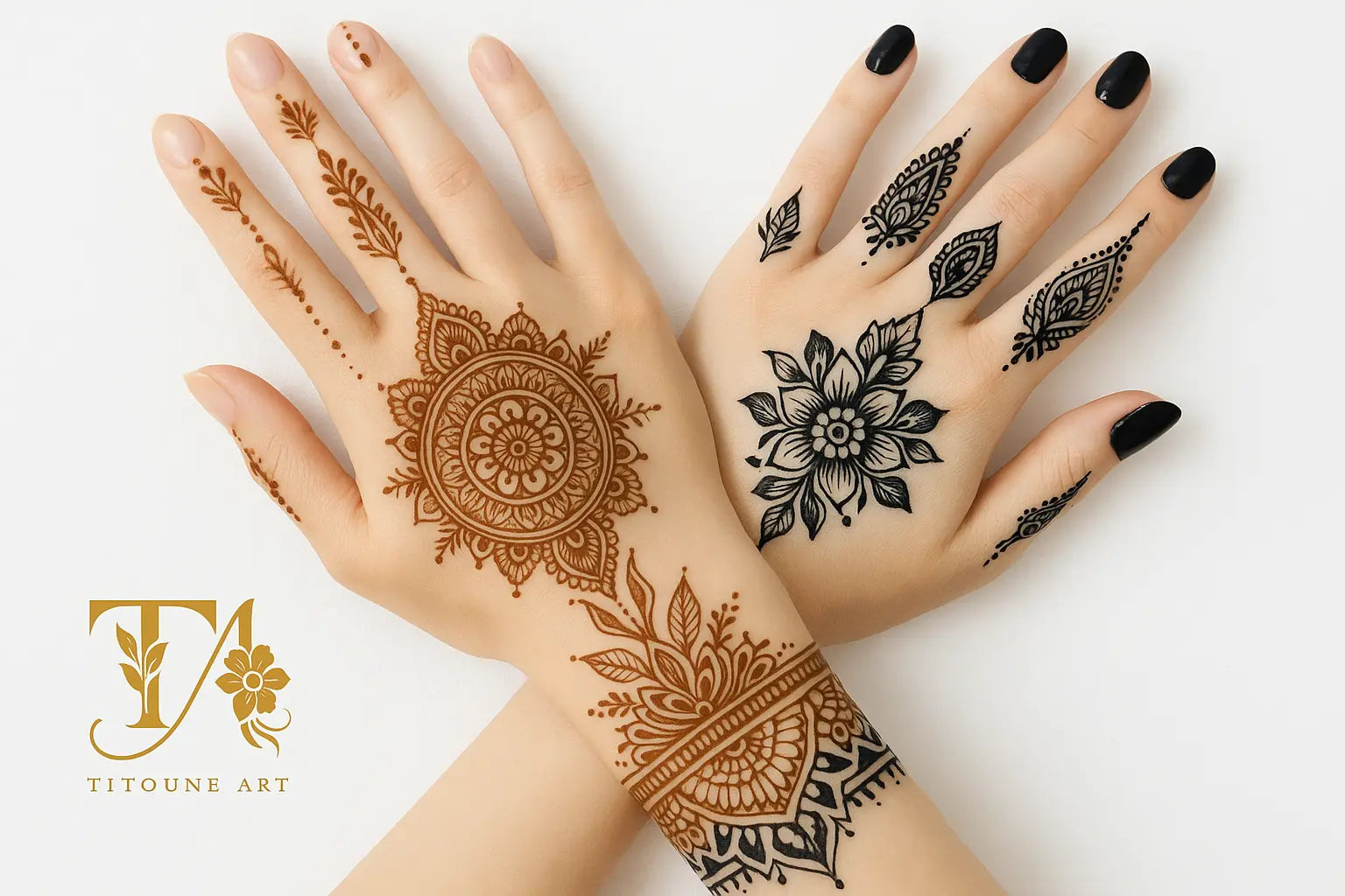 Mains avec tatouages henné et jagua avec le vrai logo Tiitoune Art
