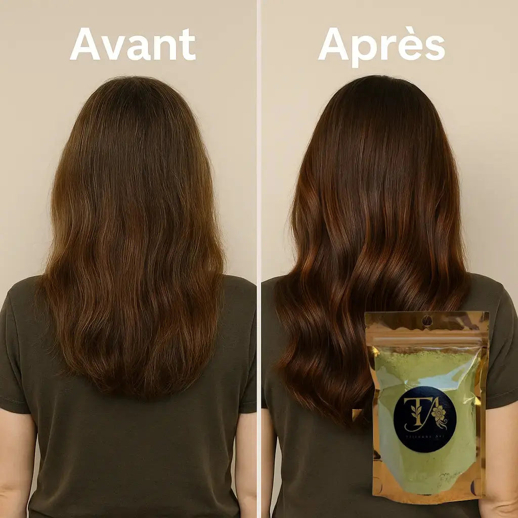 Comparatif cheveux avant et après application de henné Tiitoune Art avec reflets cuivrés