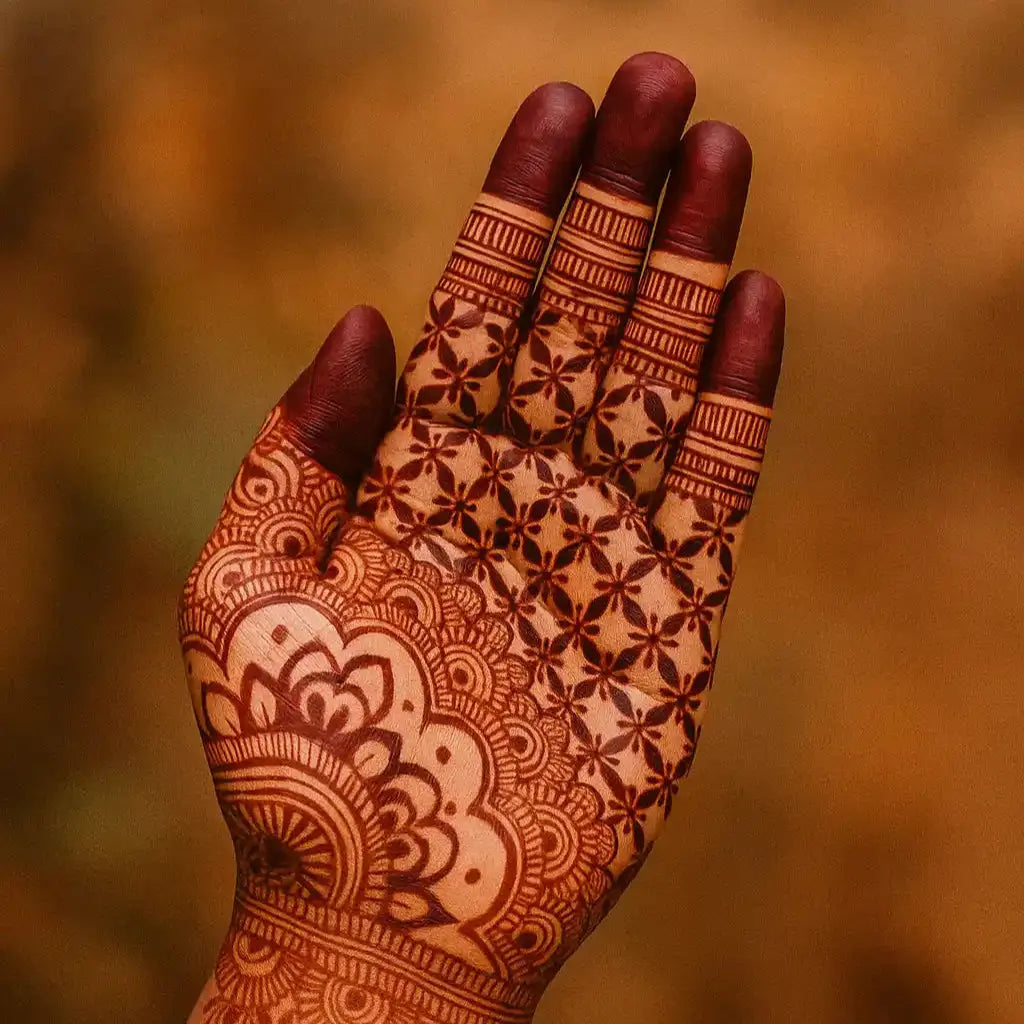 Application d’un cône de henné naturel, traits fins sur la main