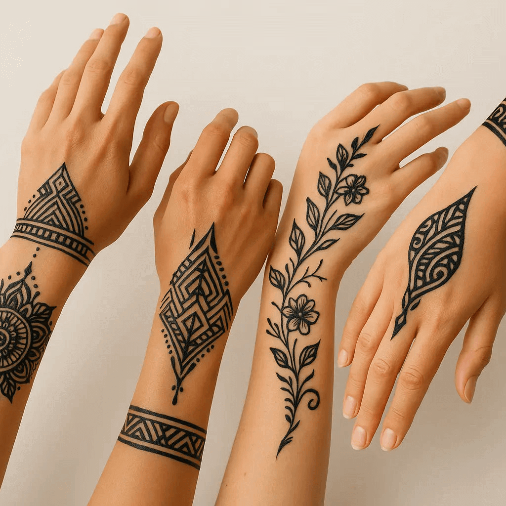 Cône Jagua Naturel – Gel Tatoo Noir Intense - Tatouages noirs temporaires dessinés sur des bras.