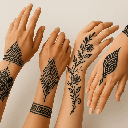 Cône Jagua Naturel – Gel Tatoo Noir Intense - Tatouages noirs temporaires dessinés sur des bras.