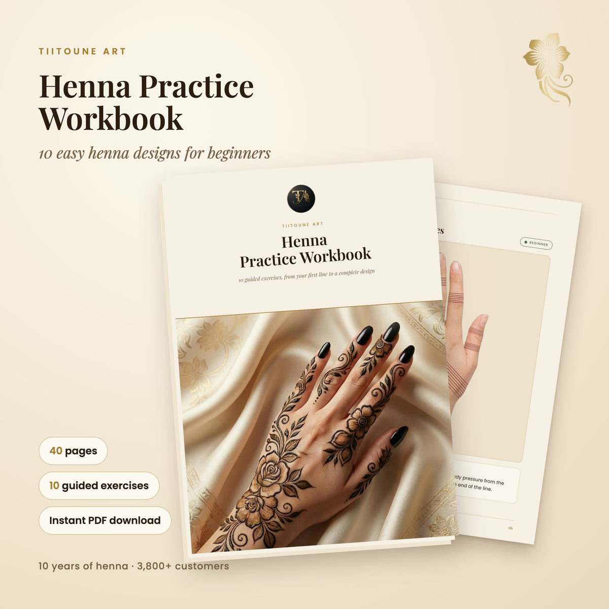 Henna practice workbook for beginners, English edition, 10 easy henna designs (PDF)