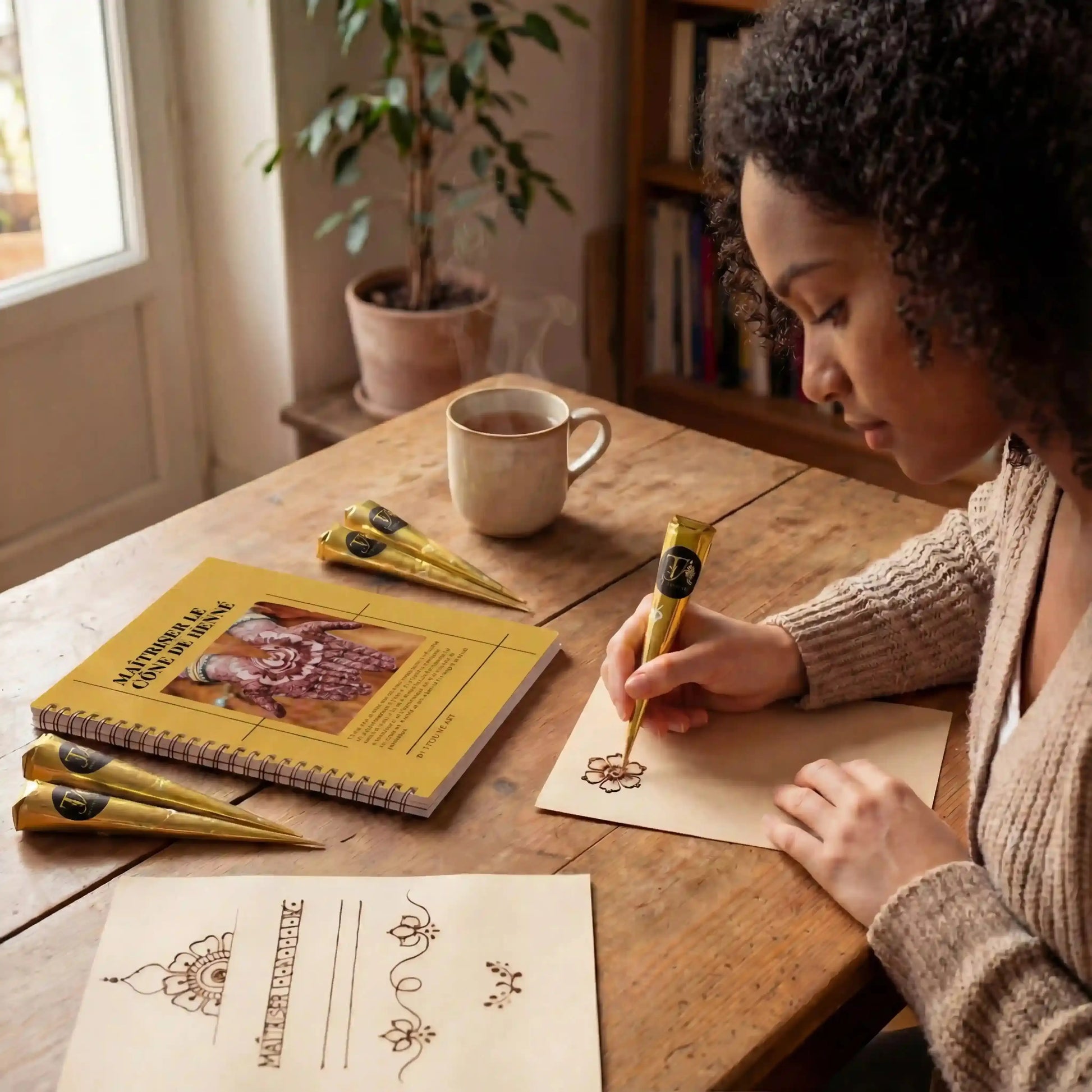Livret Henné Débutant – Guide PDF prêt à imprimer, femme dessinant avec cônes de henné.